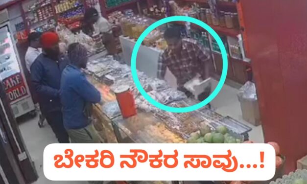 ಗ್ರಾಹಕರಿಗೆ ಸ್ವೀಟ್ ಕಟ್ಟಿ ಕೊಡುವಾಗ ಹೃದಯಾಘಾತ ; ಬೇಕರಿ ನೌಕರ ಸಾವು – Video ನೋಡಿ