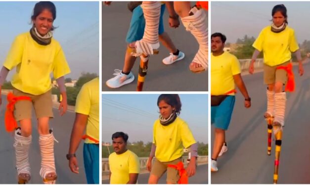 ಮರಗಾಲು ಕಟ್ಟಿ ಶ್ರೀಶೈಲಕ್ಕೆ ಪಾದಯಾತ್ರೆ ; 400 ಕಿ.ಮೀ ನಡೆದು ದಾಖಲೆ ಸೃಷ್ಟಿಸಿದ ಯುವತಿ..! Video