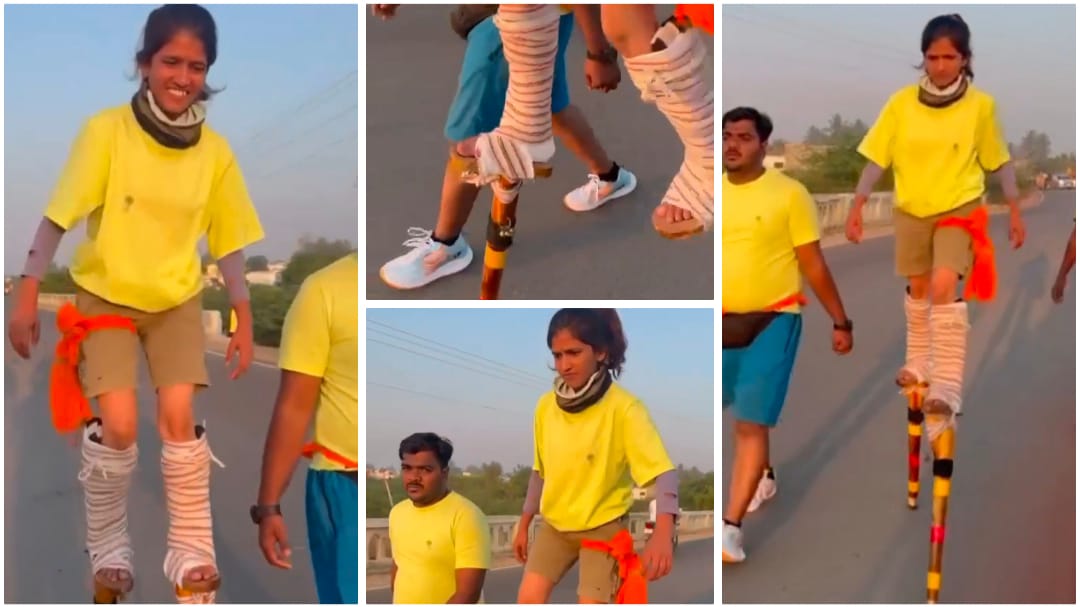 ಮರಗಾಲು ಕಟ್ಟಿ ಶ್ರೀಶೈಲಕ್ಕೆ ಪಾದಯಾತ್ರೆ ; 400 ಕಿ.ಮೀ ನಡೆದು ದಾಖಲೆ ಸೃಷ್ಟಿಸಿದ ಯುವತಿ..! Video