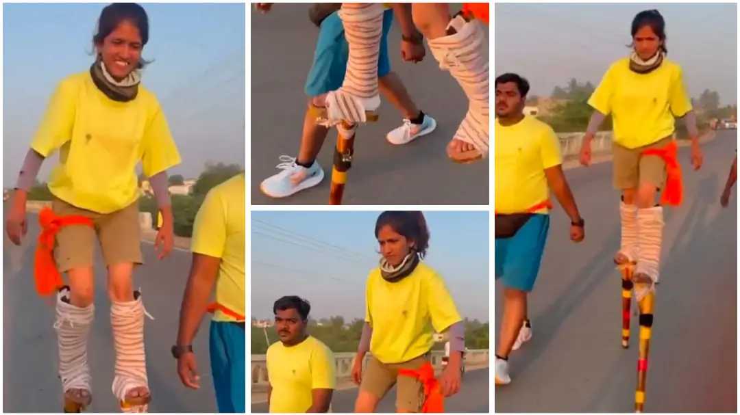 ಮರಗಾಲು ಕಟ್ಟಿ ಶ್ರೀಶೈಲಕ್ಕೆ ಪಾದಯಾತ್ರೆ ; 400 ಕಿ.ಮೀ ನಡೆದು ದಾಖಲೆ ಸೃಷ್ಟಿಸಿದ ಯುವತಿ..! Video