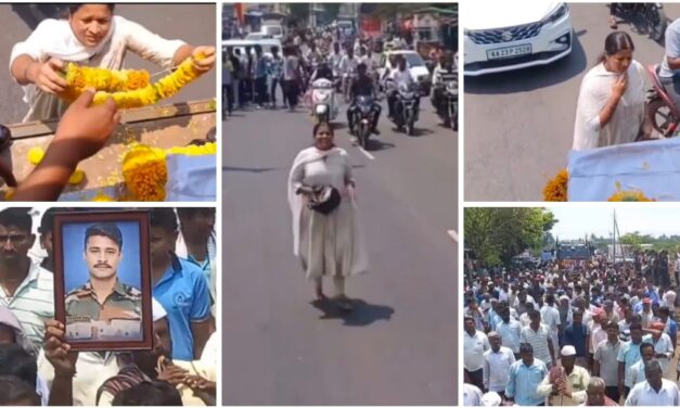 ಹಾರೂಗೇರಿ – ಓಡೋಡಿ ಬಂದು ಮೃತ ಯೋಧನಿಗೆ ಅಂತಿಮ ನಮನ ಸಲ್ಲಿಸಿದ ಮಹಿಳೆ…! VIDEO