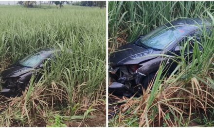 ಕೋಳಿಗುಡ್ಡದಲ್ಲಿ ಭೀಕರ ರಸ್ತೆ ಅಪಘಾತ ; ಕಬ್ಬಿನ ಗದ್ದೆಗೆ ನುಗ್ಗಿದ ಕಾರು